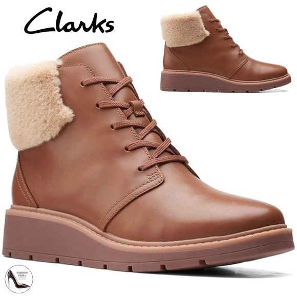 Clarks Andie Go Fur Lace-Up Brown Leather Ankle Boots Casual Winter Booties 8 - Picture 1 of 13